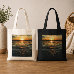 black or natural cotton tote bags featuring images of Roebuck Bay WA sunset